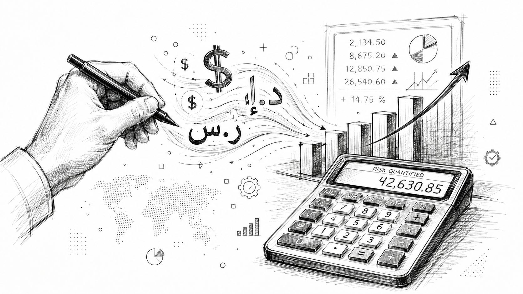 A hand drawing financial charts and symbols with a pen next to a calculator displaying numerical results.