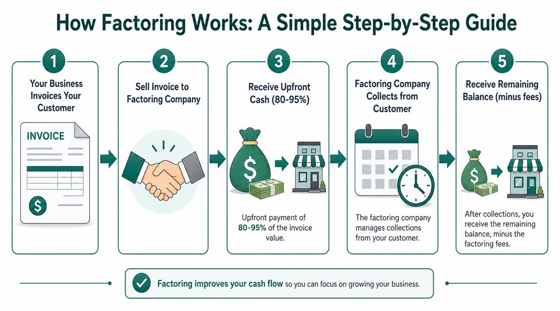 A five-step infographic illustrating how invoice factoring works to improve business cash flow.