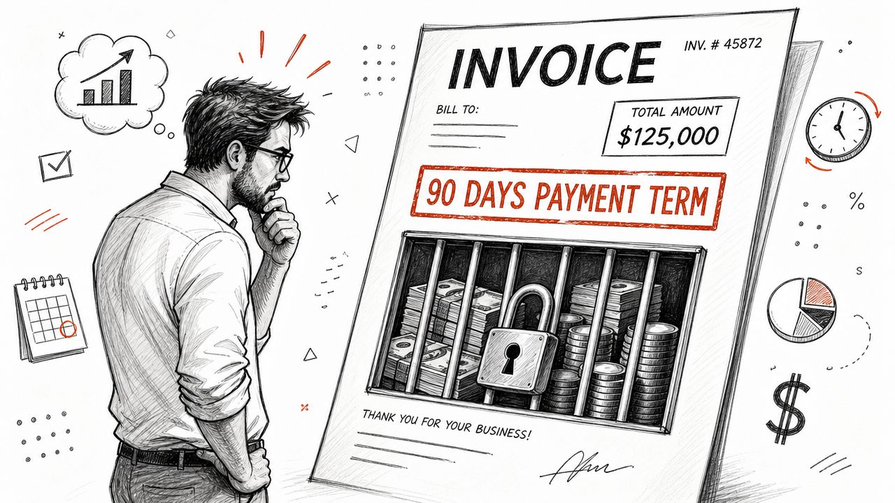 A businessman contemplating a large invoice featuring a locked cage full of money and 90-day payment terms.