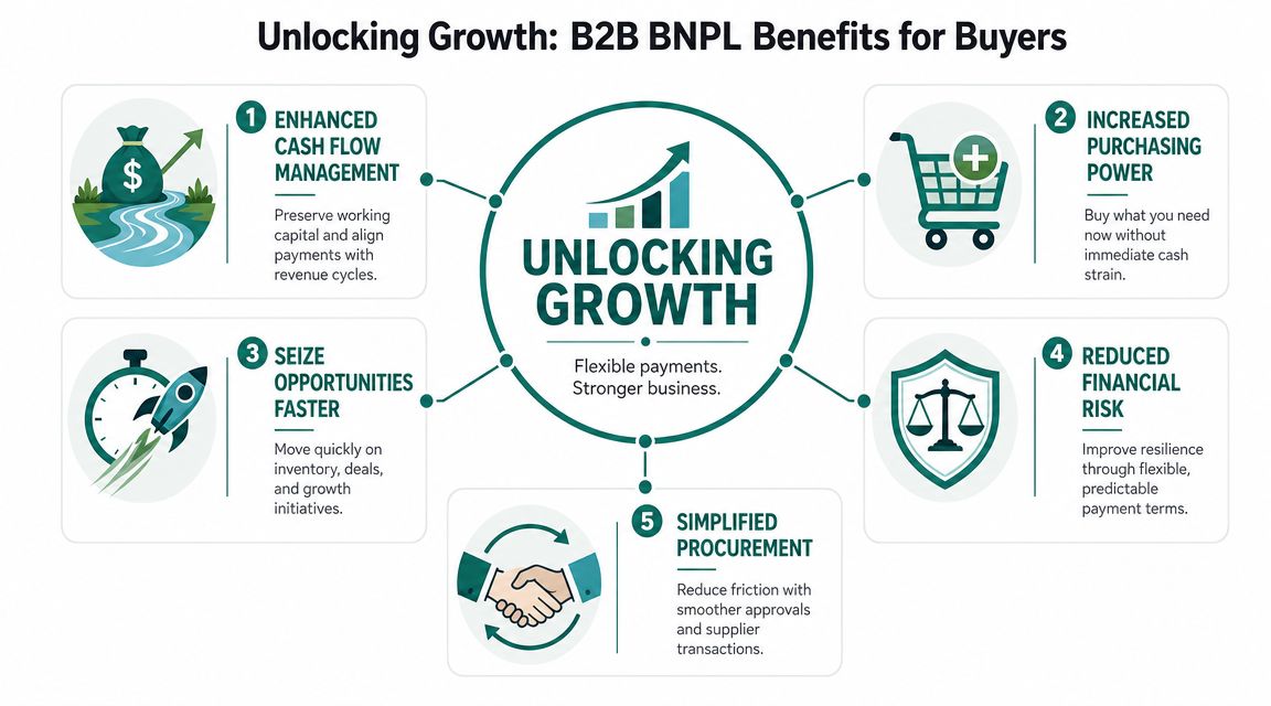 An infographic detailing five key benefits of B2B buy now pay later services for business buyers.