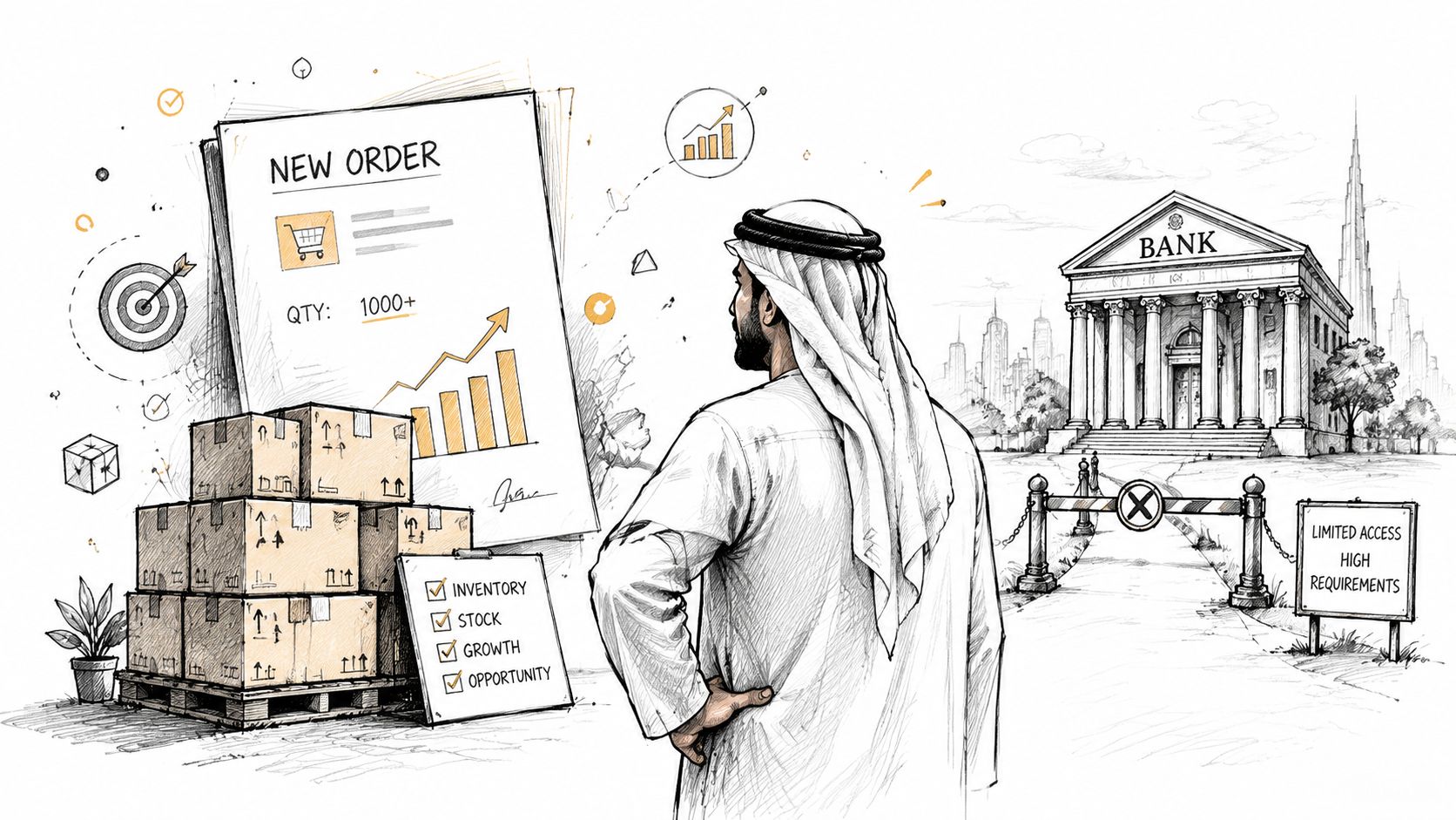 A businessman in traditional Emirati clothing analyzing business growth near a restricted bank entrance.