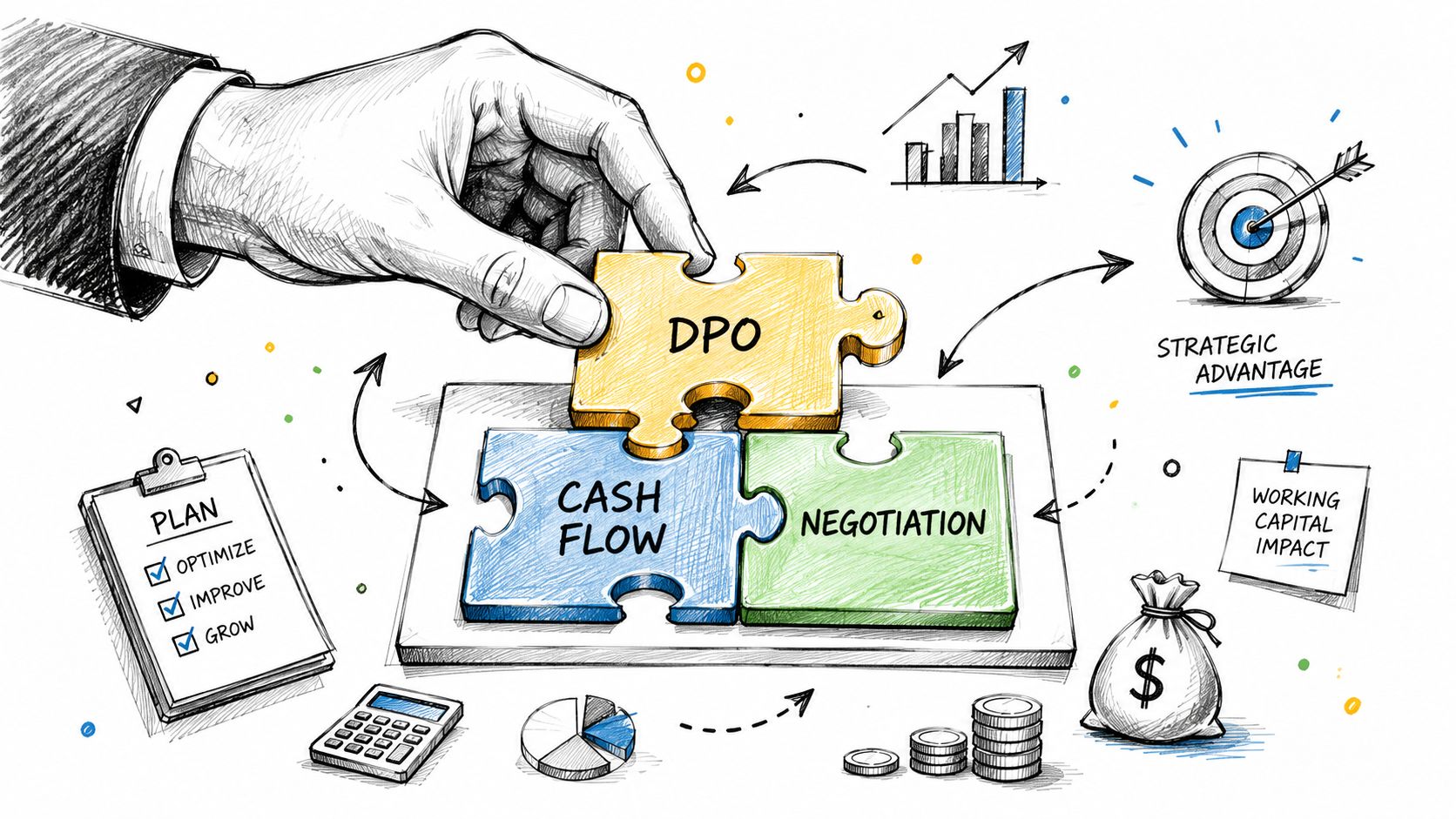 A hand placing a puzzle piece labeled DPO over pieces marked Cash Flow and Negotiation to improve strategy.
