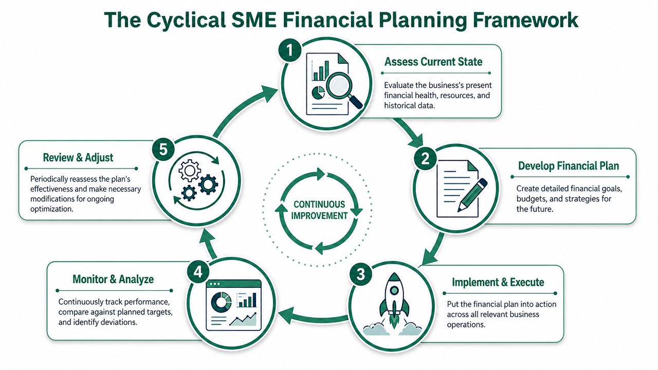A cyclical diagram illustrating the five-step SME financial planning framework for continuous business improvement and success.
