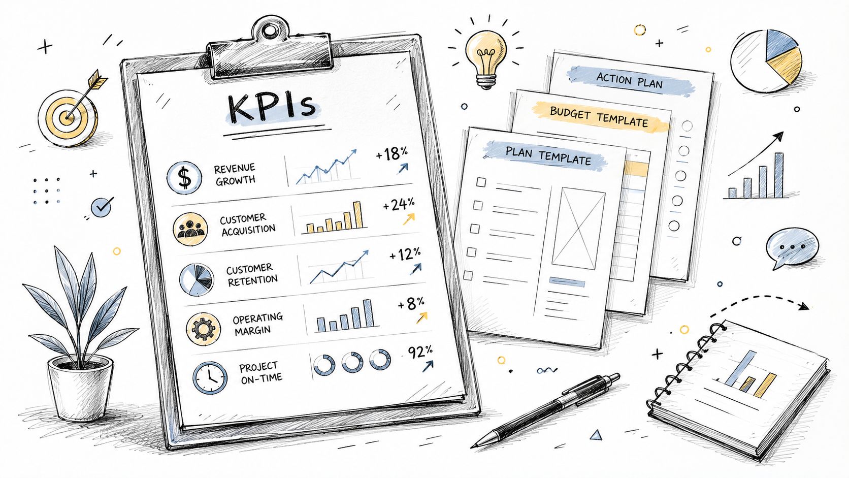 A hand-drawn clipboard listing various business KPIs next to planning documents and a pen on a desk.