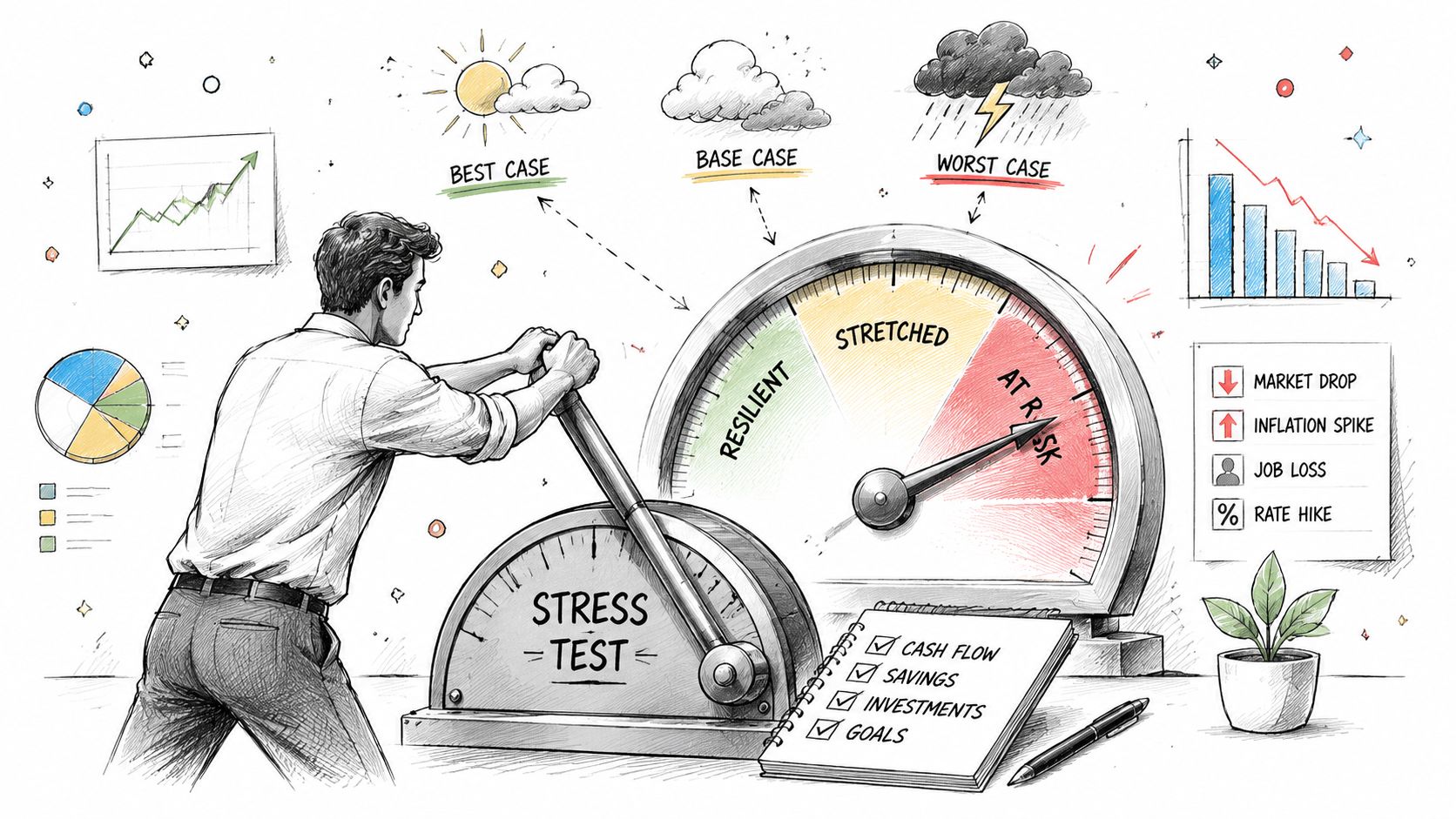 A businessman adjusting a stress test gauge representing financial resilience, stretched conditions, and at risk status.