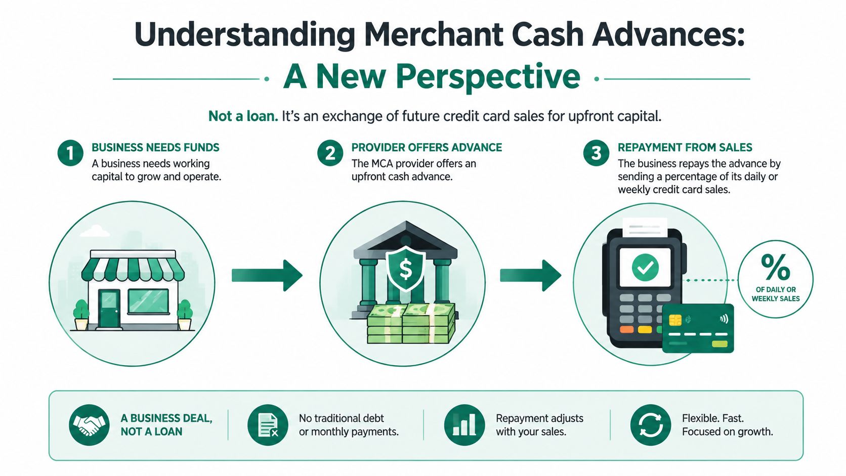 A diagram illustrating how merchant cash advances work for businesses as an alternative to traditional loans.