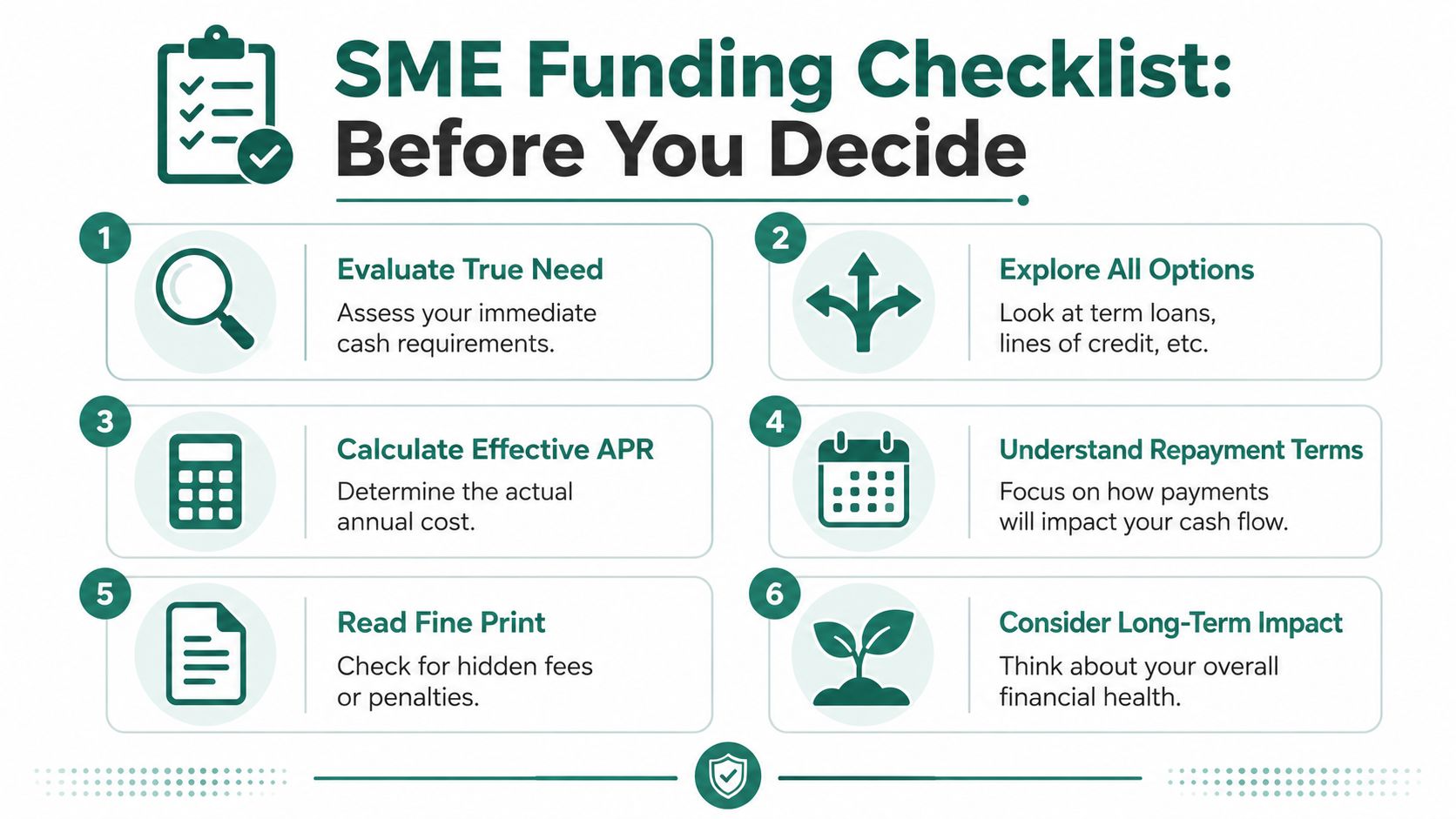 A helpful SME funding checklist infographic outlining six essential steps for business owners to consider before borrowing.