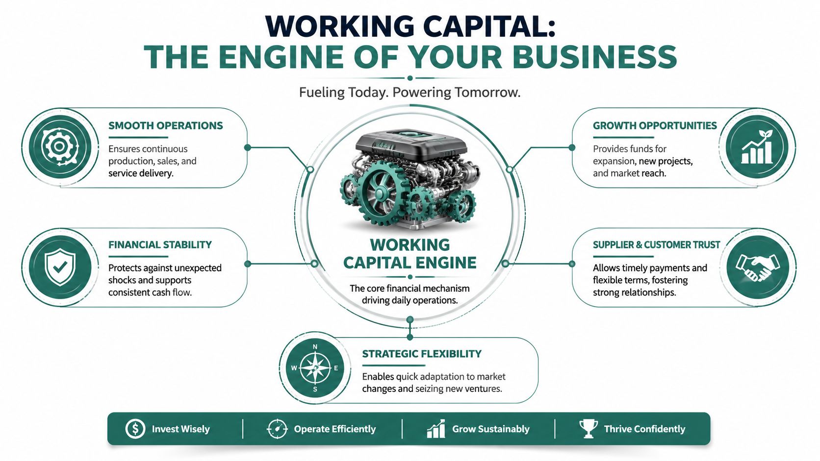 An infographic titled Working Capital: The Engine of Your Business, detailing benefits for business growth and stability.