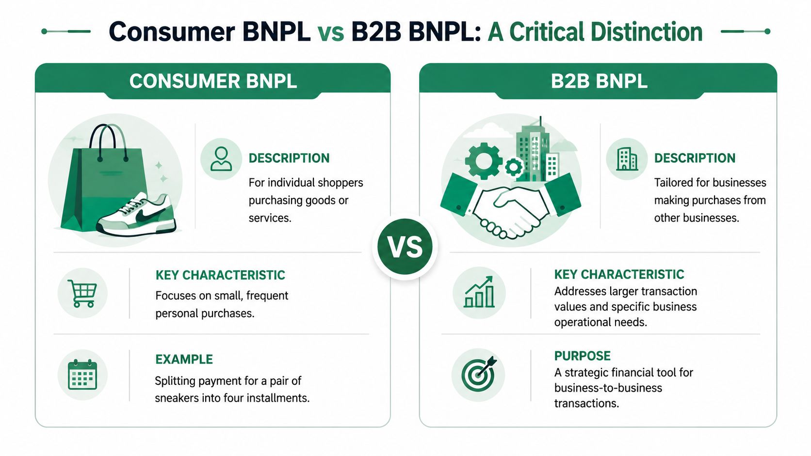 An infographic comparing consumer buy now pay later services with business to business BNPL financial solutions.
