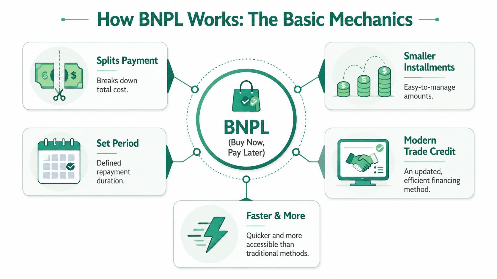An infographic titled How BNPL Works detailing the mechanics of Buy Now, Pay Later payment systems.