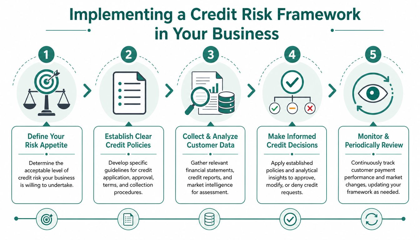 A five-step infographic showing how to implement a credit risk framework for your business successfully.
