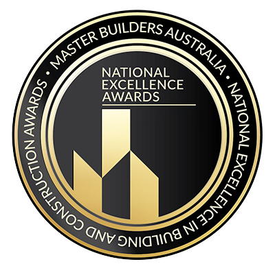 Master Builders Australia National Excellence Awards gold and black emblem for building and construction excellence, awarded to The Renew Company.