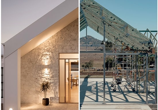 Side-by-side view of The Renew Company’s Callista project showing the modern stone exterior entrance and the steel frame construction phase, highlighting innovative building techniques and contemporary architectural design.