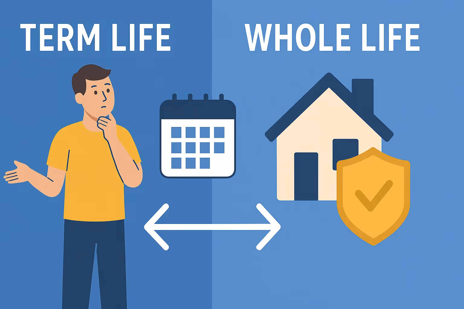 Educational illustration comparing term life and whole life insurance. The left side shows a thoughtful man with a calendar labeled ‘Term Life,’ while the right side shows a house and shield labeled ‘Whole Life,’ symbolizing lasting protection and security
