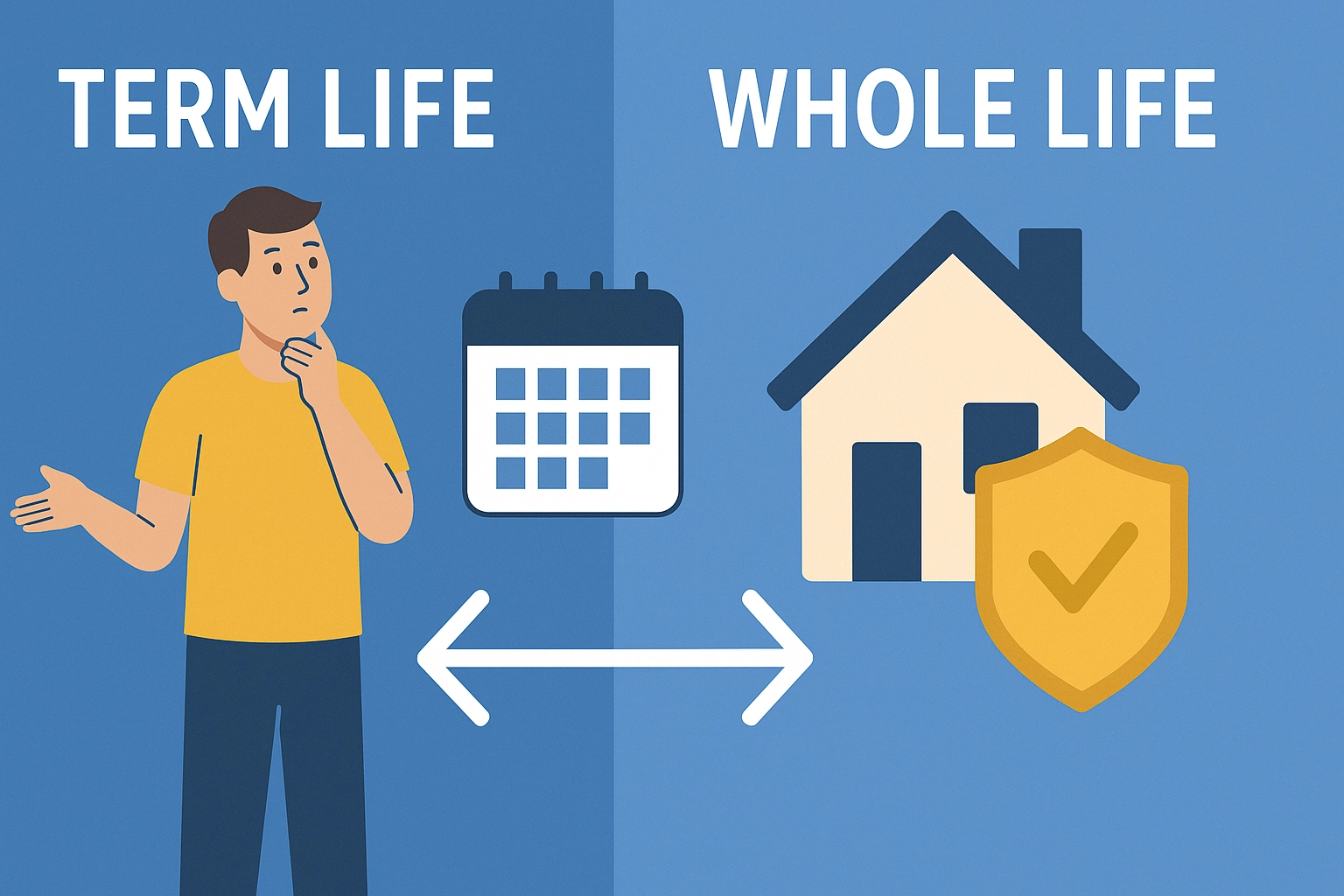 Educational illustration comparing term life and whole life insurance. The left side shows a thoughtful man with a calendar labeled ‘Term Life,’ while the right side shows a house and shield labeled ‘Whole Life,’ symbolizing lasting protection and security