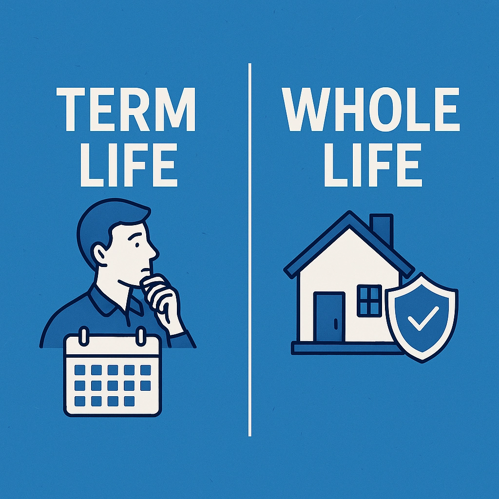 Square infographic comparing term life and whole life insurance. On the left, a person thinks beside a calendar under the heading ‘Term Life,’ and on the right, a house and shield under ‘Whole Life’ represent permanent coverage and stability.