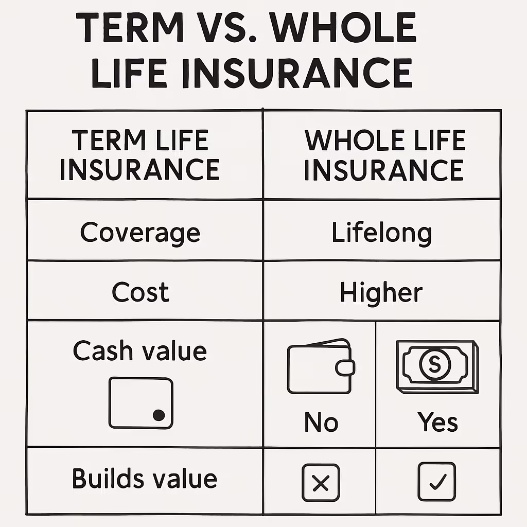 A comparison chart of term vs. whole life insurance. It shows whole life has lifelong coverage, a higher cost, and builds cash value, while term life does not build value.