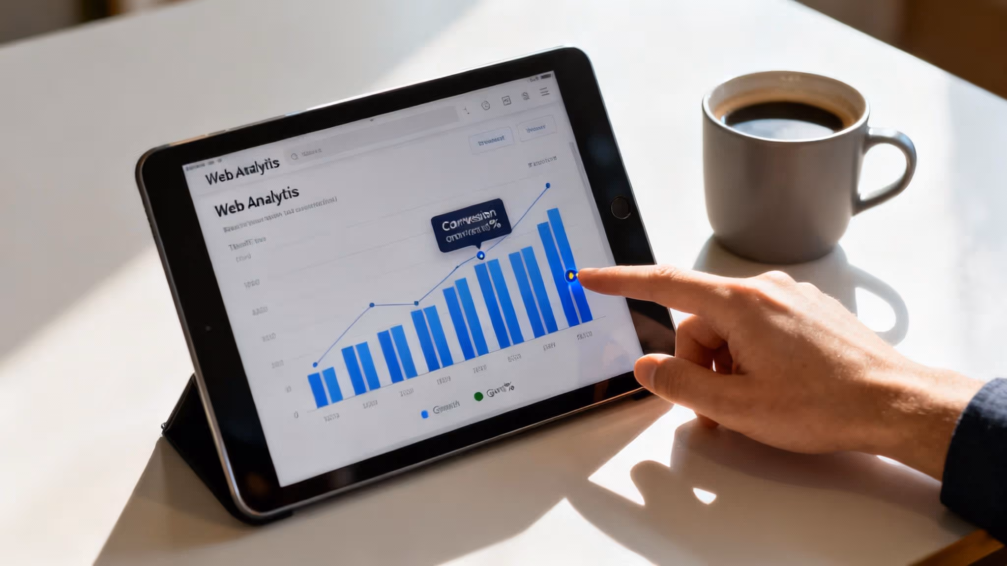 Žena analyzující grafy na monitoru počítače, což symbolizuje práci s webovou analytikou pro zvýšení návštěvnosti.