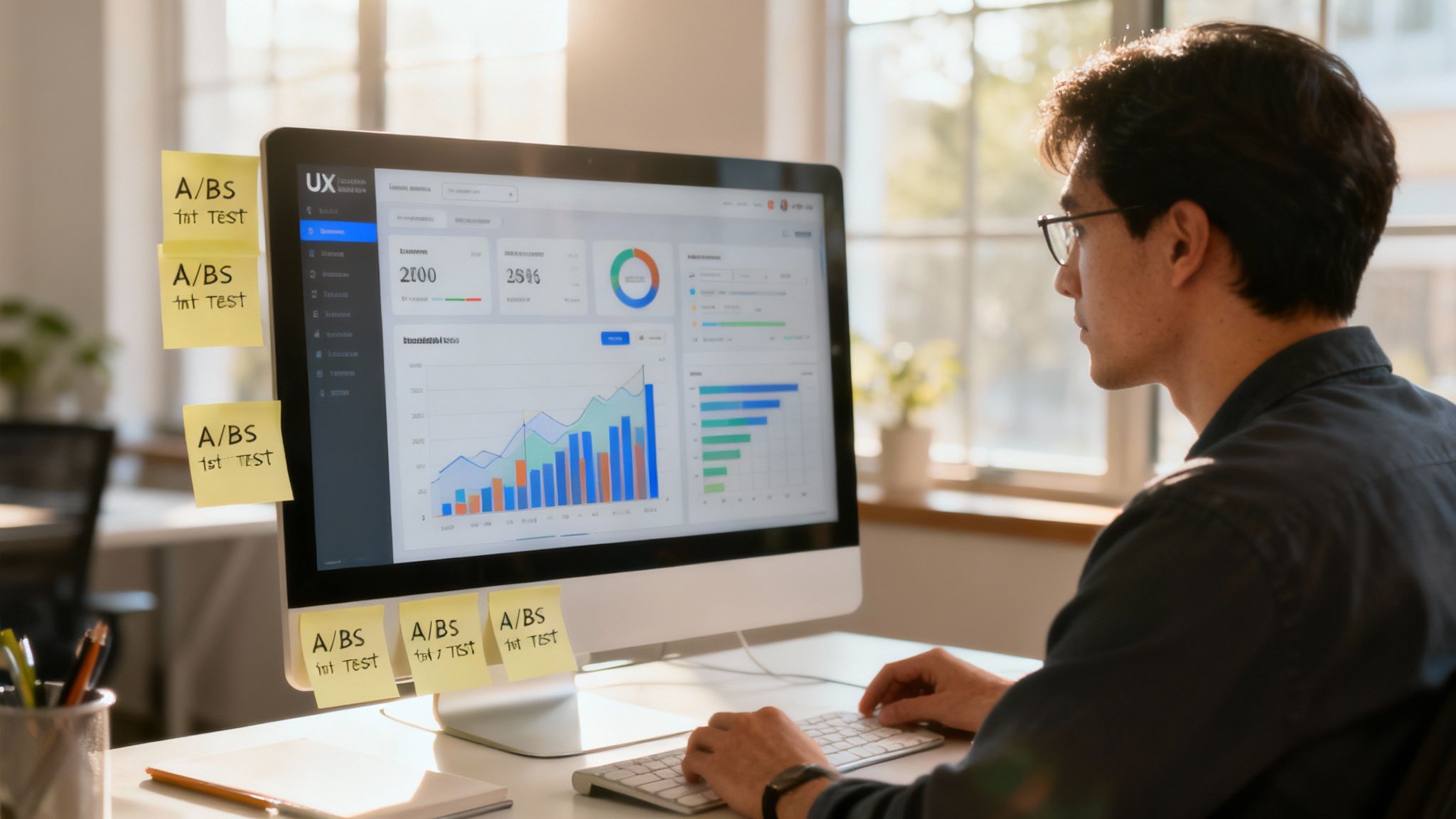 Osoba analyzující data na notebooku a lepící poznámky na zeď