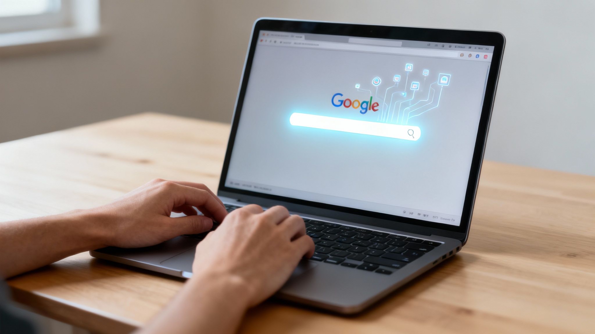 Muž a žena analyzují data na notebooku, což symbolizuje pokročilé vyhledávání