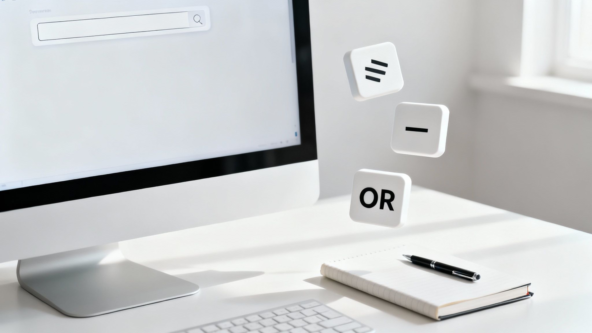 Detailní záběr na obrazovku počítače, kde je ve vyhledávacím poli Googlu zadaný dotaz s pokročilými operátory