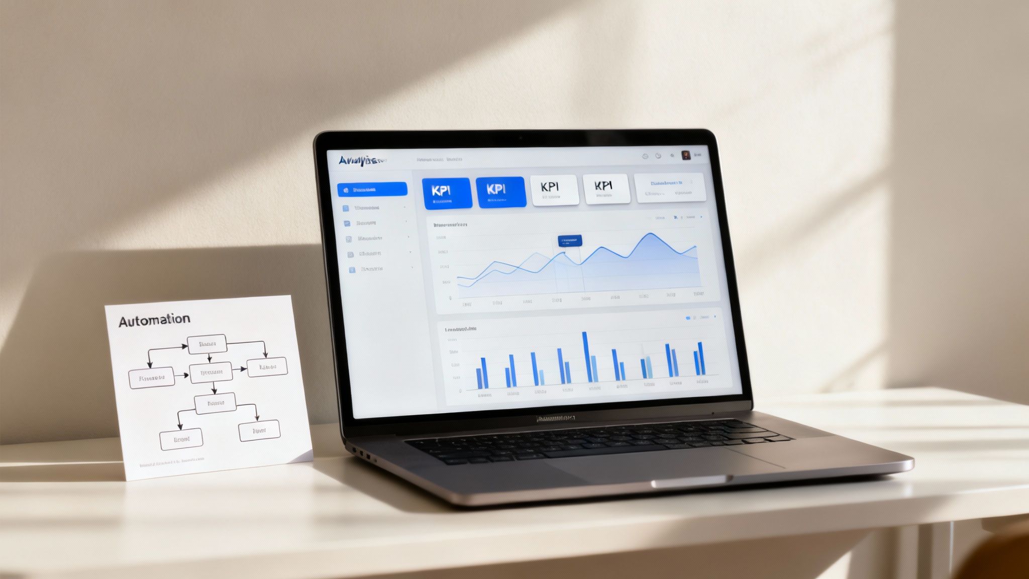 Dva lidé analyzují grafy na obrazovce notebooku v moderní kanceláři