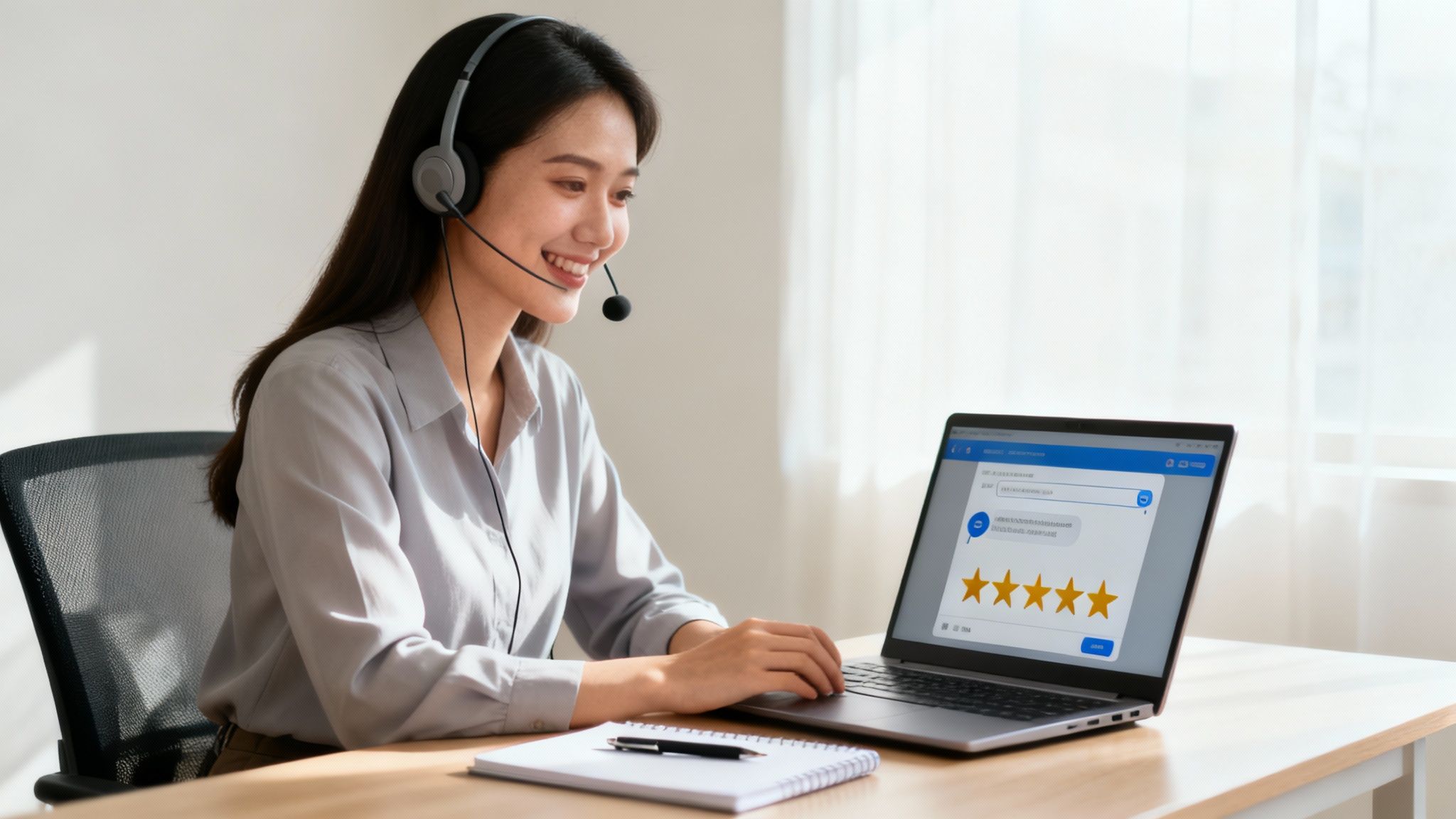 Dvě osoby pracující na noteboocích v kanceláři, diskutují nad zákaznickým servisem