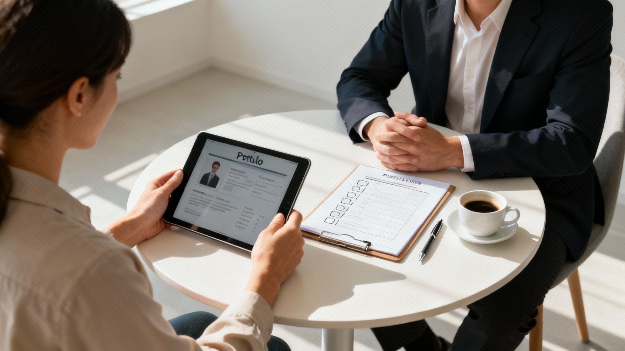 Skupina manažerů provádí pohovor s kandidátem v moderní kanceláři