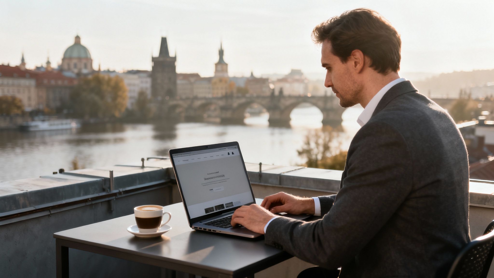 Pražské panorama s moderními budovami symbolizujícími digitální růst firem