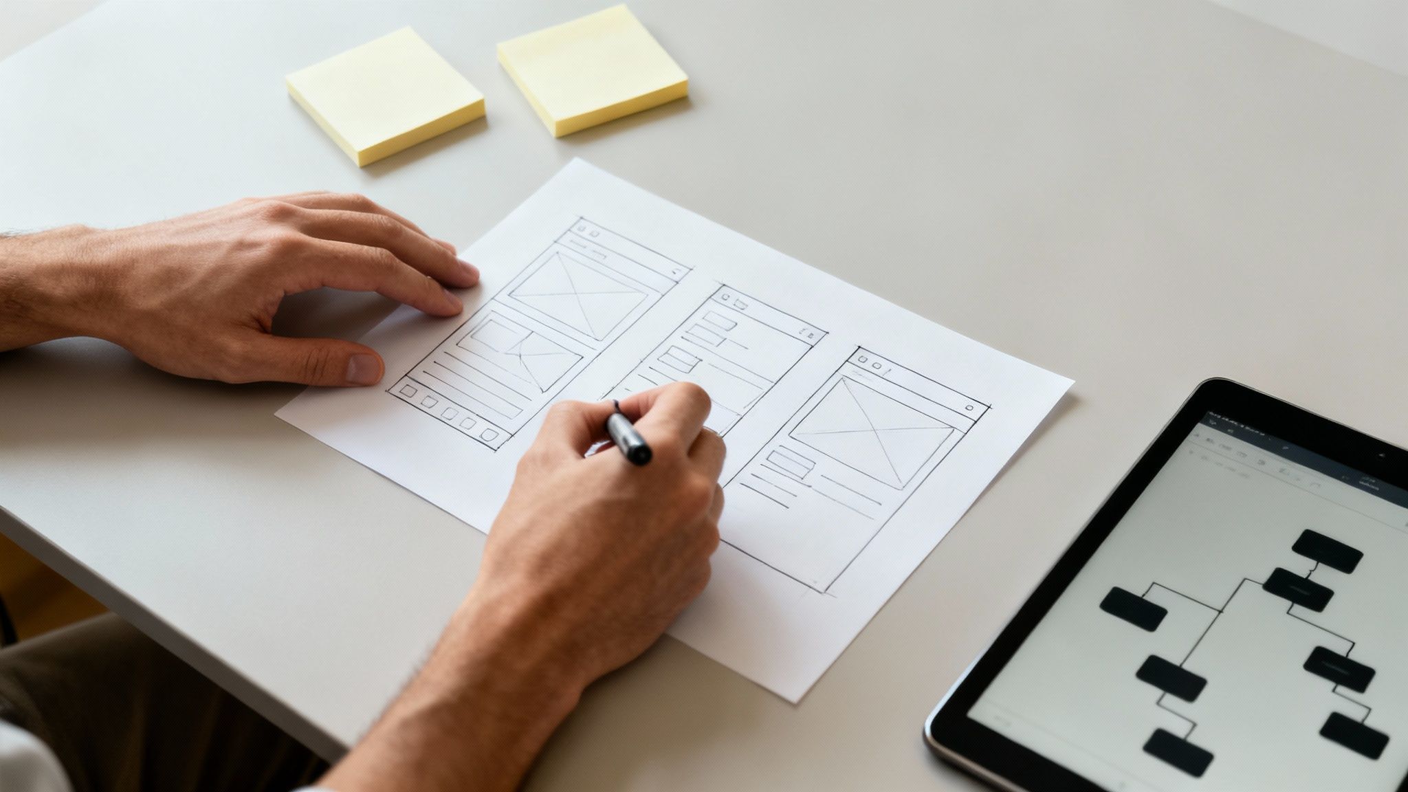 Osoba skicující nápady na webové stránky na papír s kávou a notebookem po boku