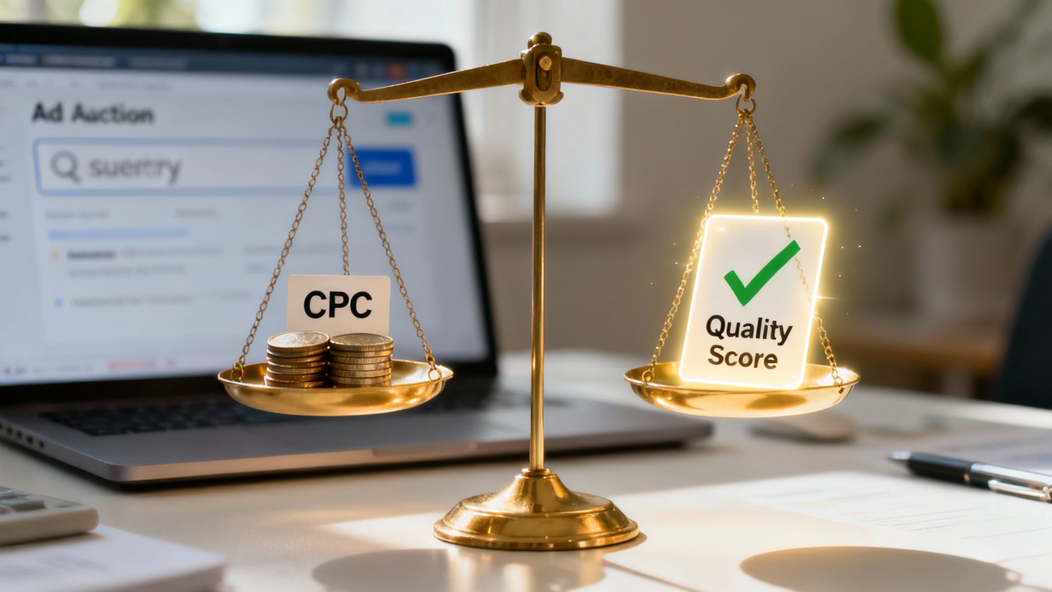 Ilustrace znázorňující mechanismus PPC aukce s ozubenými koly a symboly peněz