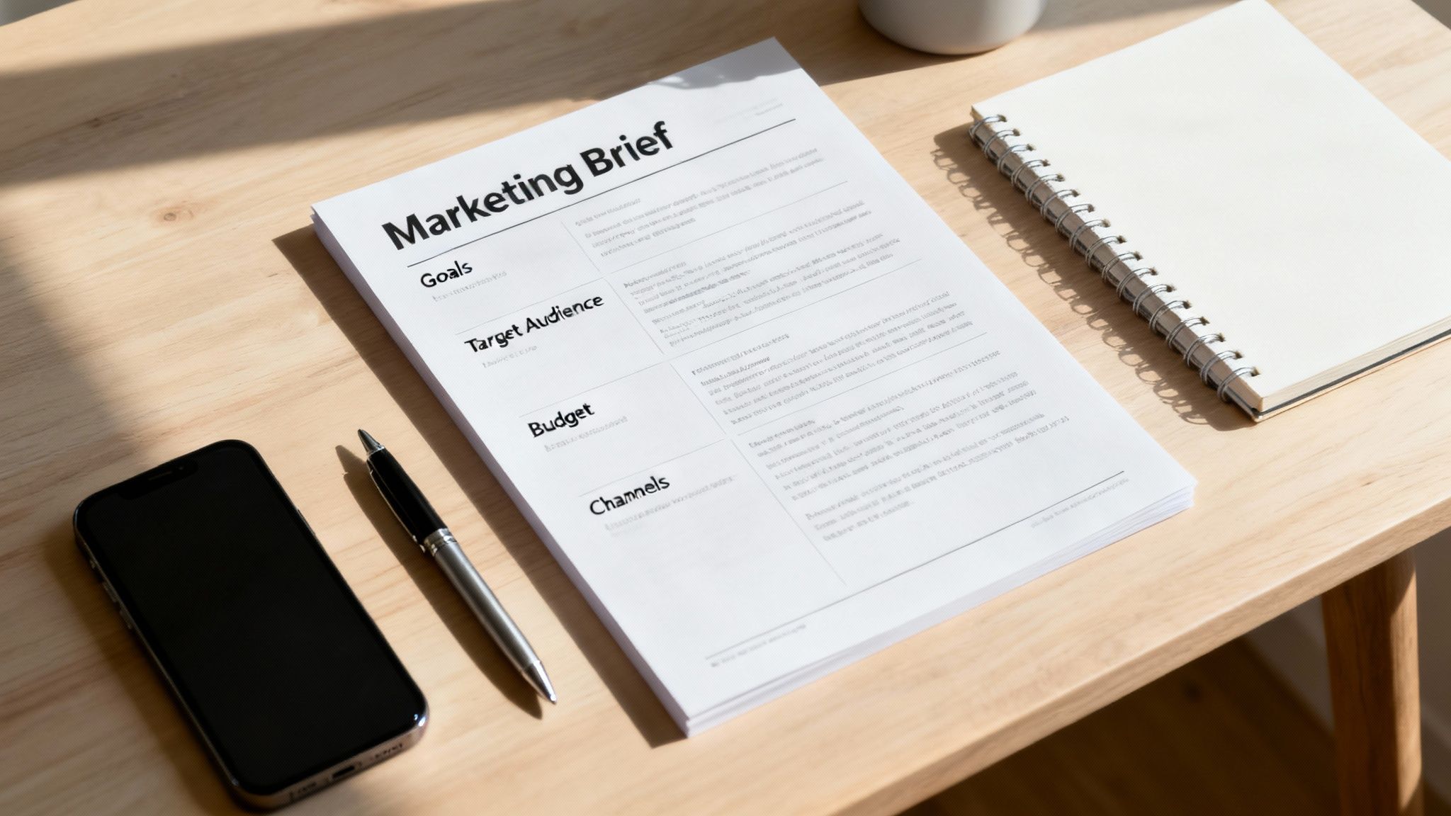 Osoba píšící poptávku pro marketingovou agenturu u stolu