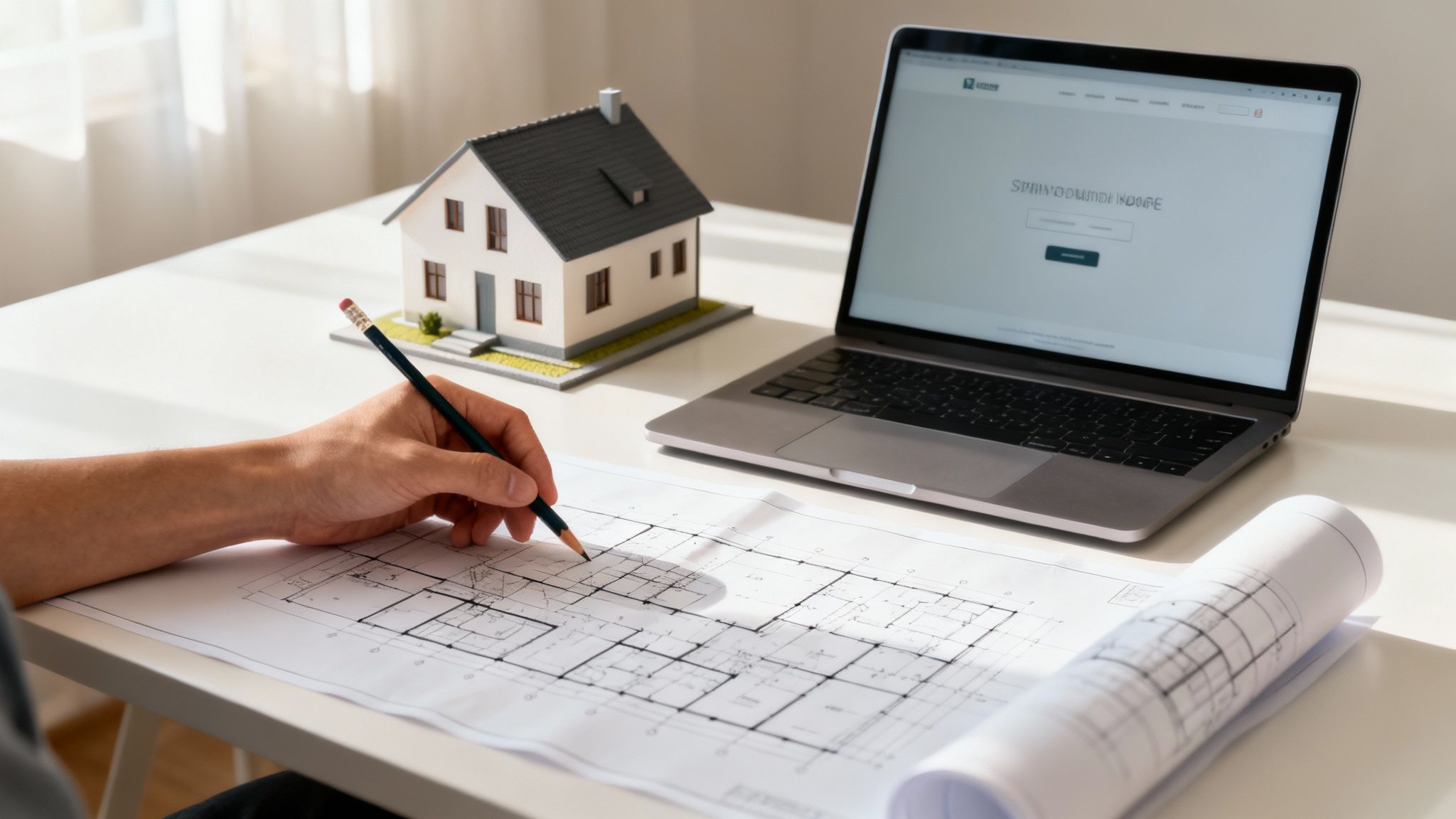 Architekt navrhující plán webu na míru u stolu s kolegy