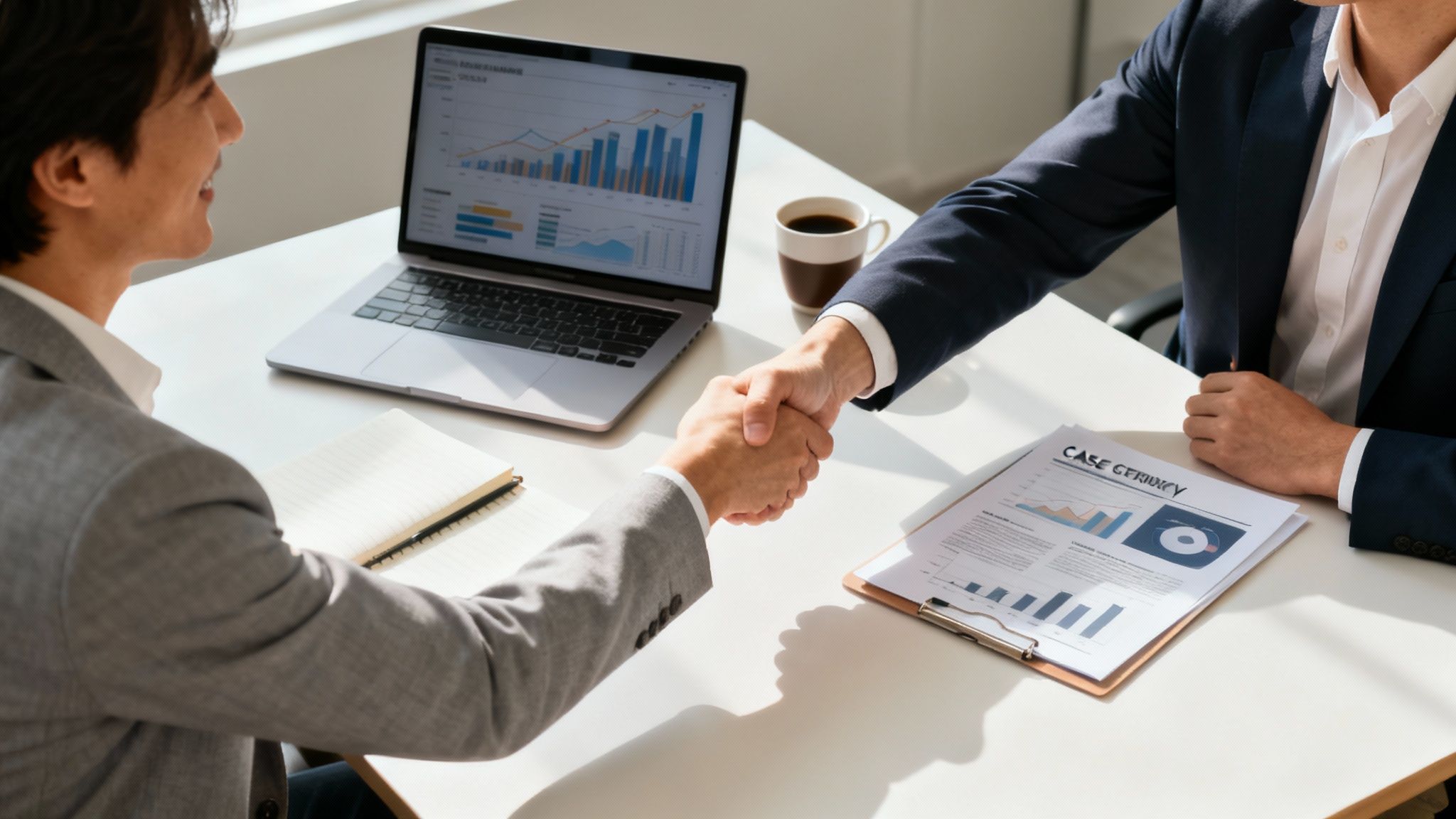 Dva profesionálové diskutují nad plány projektu u stolu s notebookem