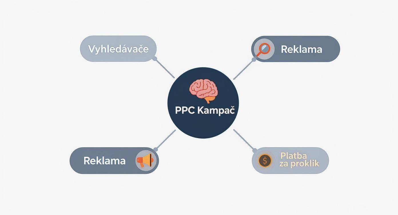 Diagram PPC kampaně s mozkem uprostřed a čtyřmi prvky: vyhledávače, reklama, platba za proklik