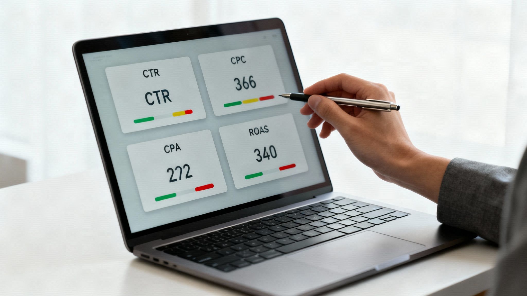 Laptop zobrazující metriky PPC kampaní - CTR, CPC, CPA a ROAS s barevnými indikátory výkonnosti