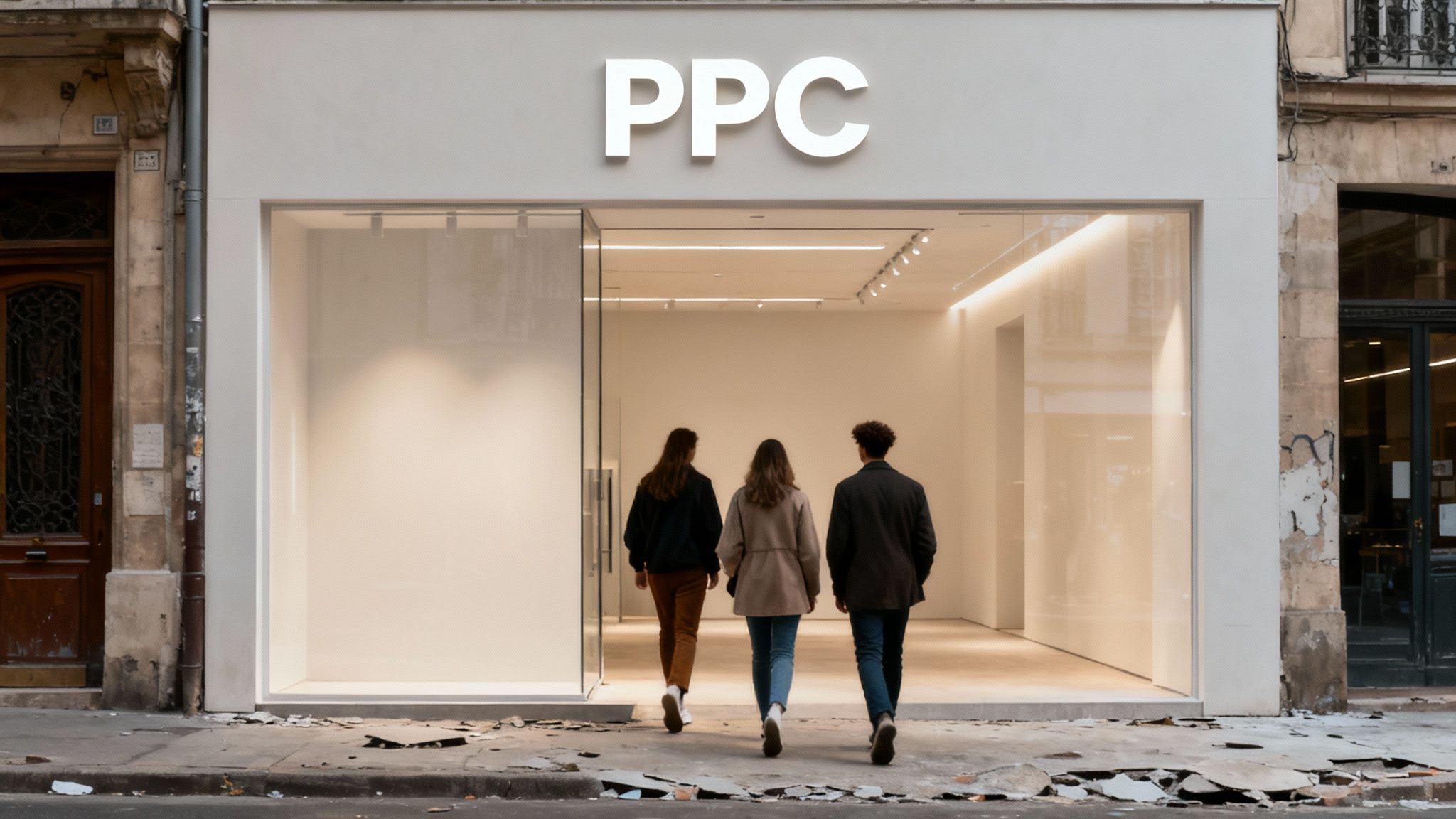 Tři lidé vcházejí do moderní minimalistické kanceláře s nápisem PPC nad vchodem