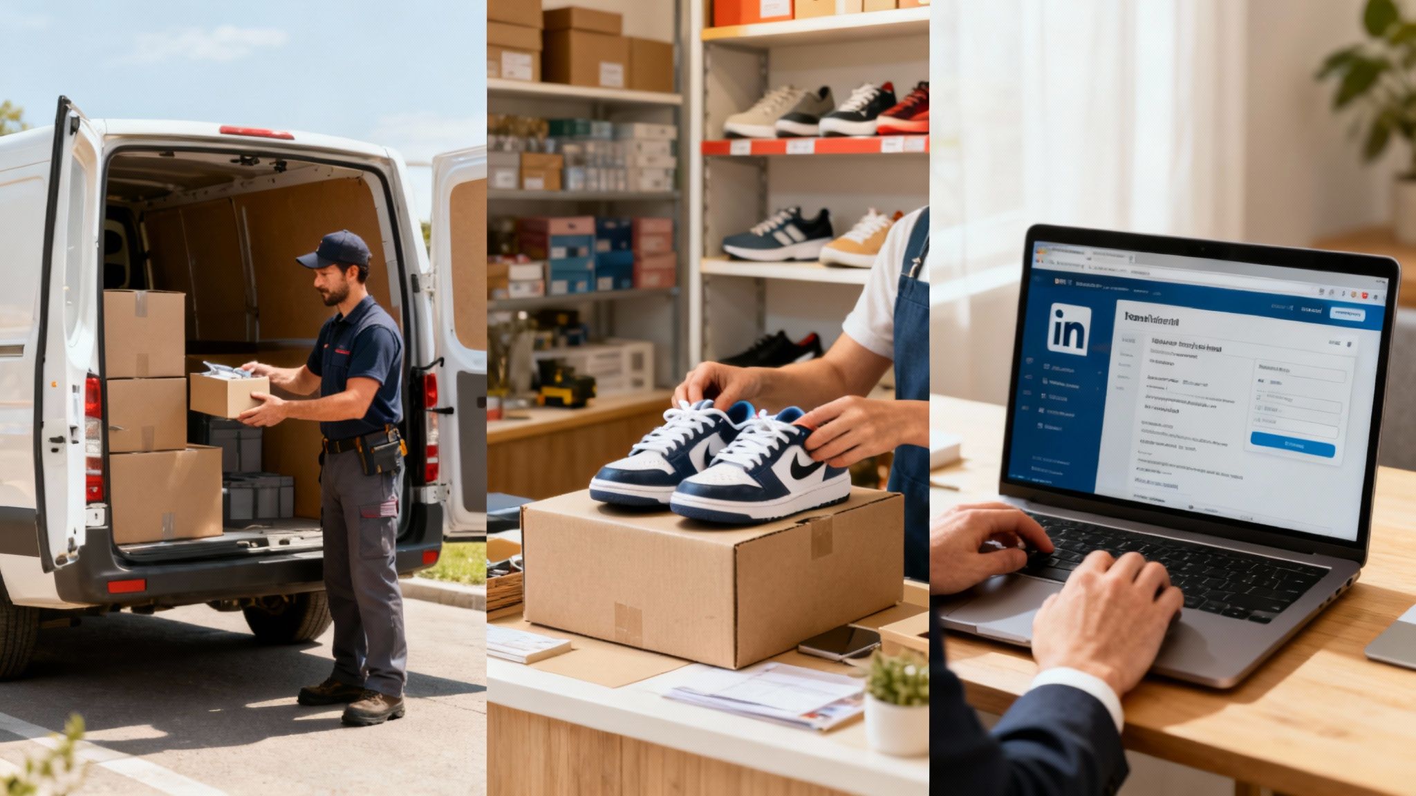 Triptych znázorňující e-commerce proces: doručování balíků, balení produktů a řízení PPC kampaní na LinkedIn