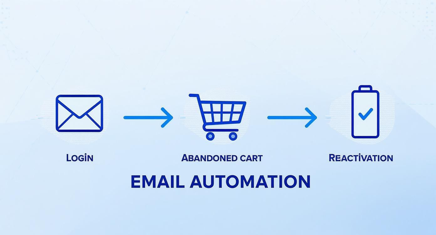 Diagram automatizace emailového marketingu zobrazující proces od přihlášení přes opuštěný košík po reaktivaci zákazníka