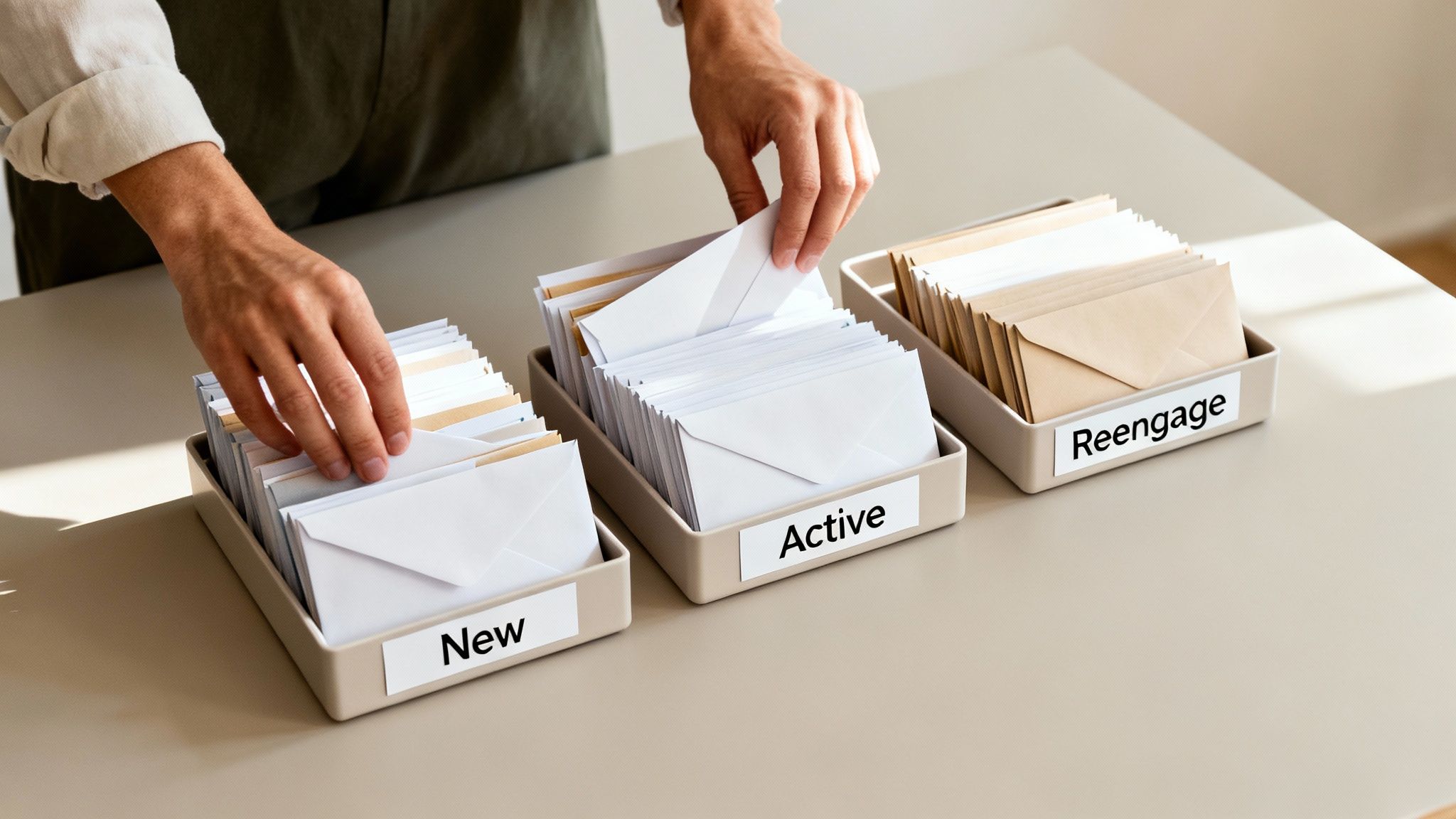 Ruce organizují obálky do tří přihrádek označených Nové, Aktivní a Opětovné zapojení na bílém stole