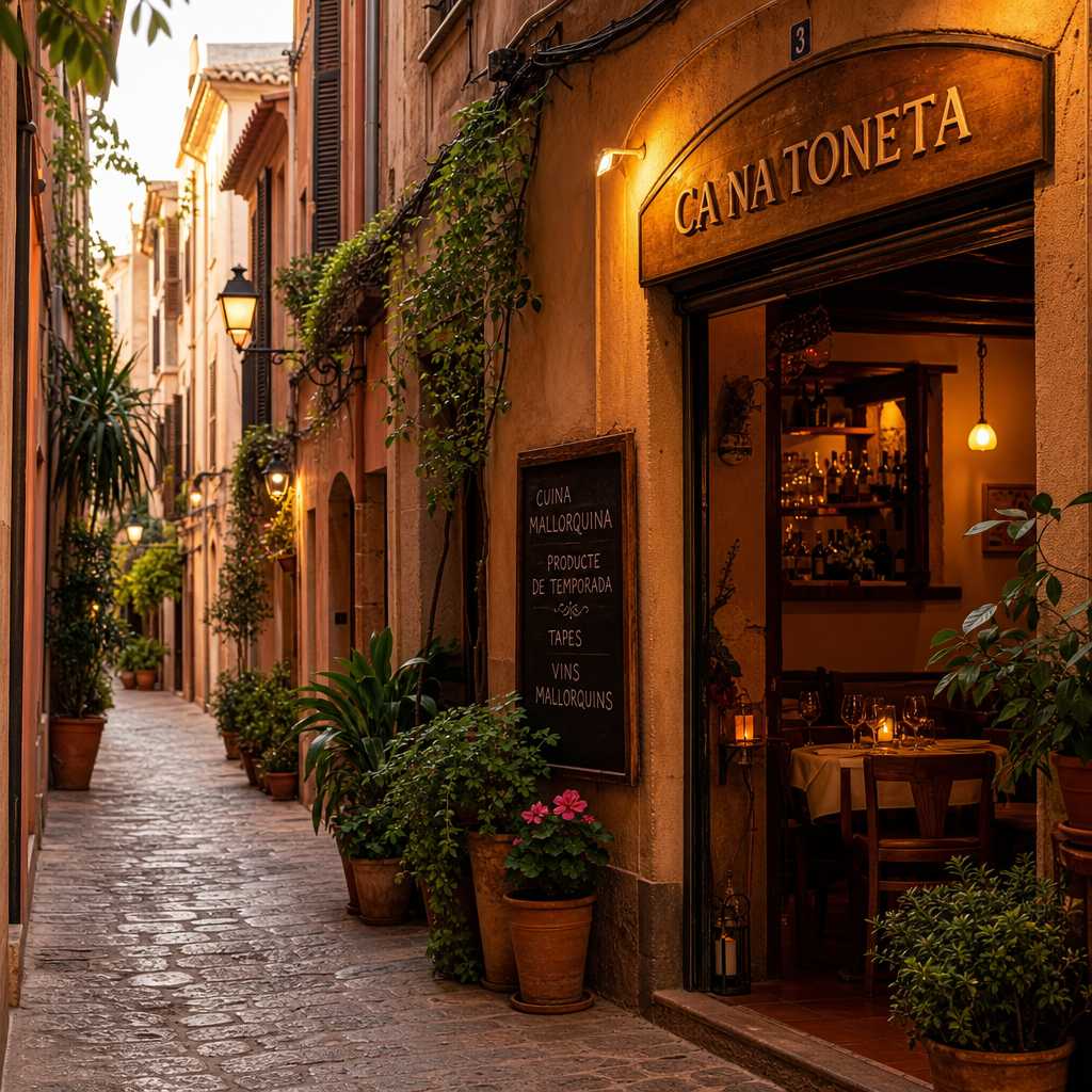 Historic Palma alleyway with local restaurant entrance and warm ambient lighting