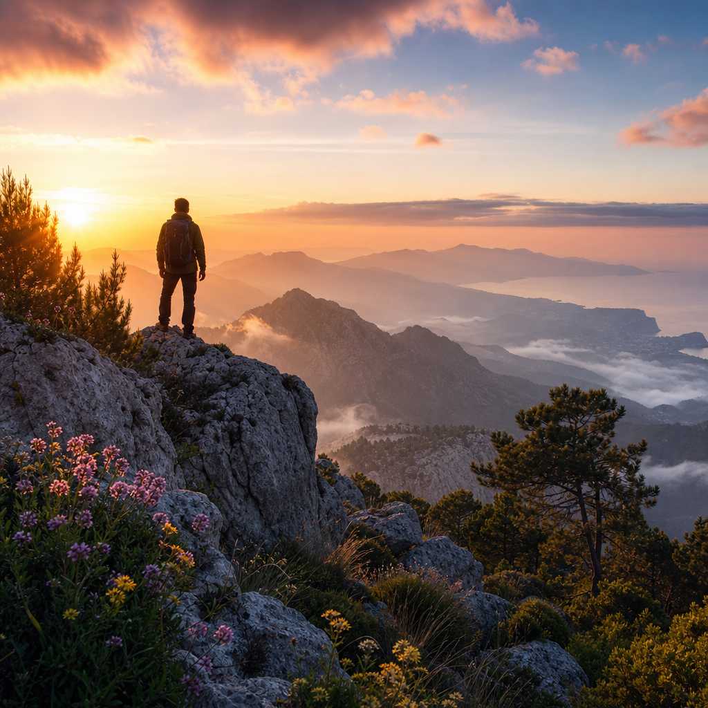 Lone hiker at sunrise overlooking Tramuntana mountains and Mediterranean valleys