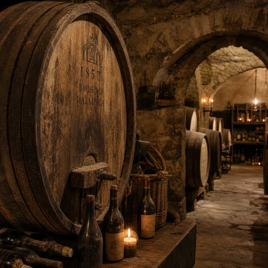 Traditional Mallorcan wine cellar with wooden barrels and stone archways