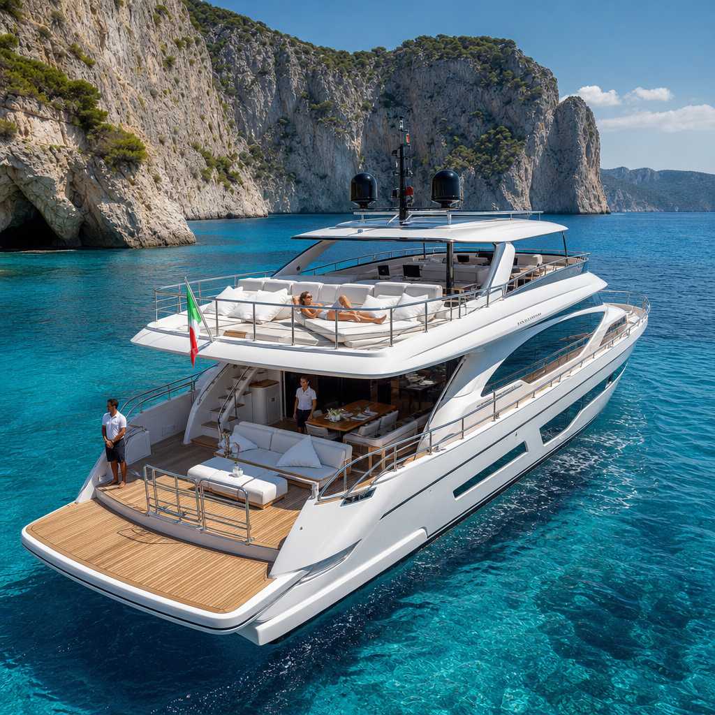 Modern luxury yacht anchored in clear Mediterranean waters with coastal cliffs visible