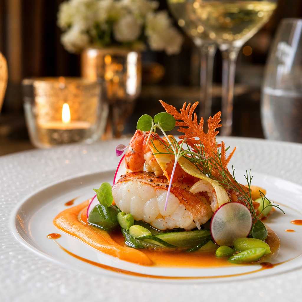 Artfully plated fine dining seafood dish in a luxury Mediterranean restaurant