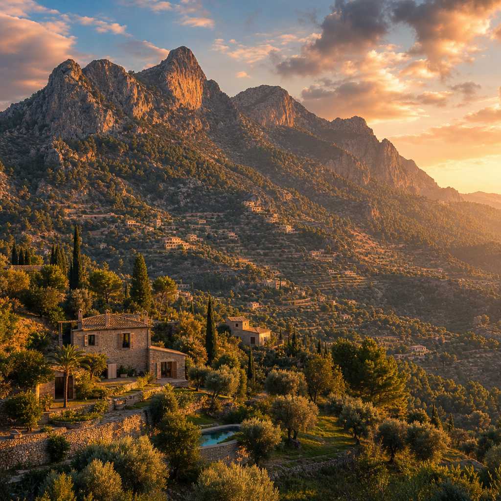 Panoramic mountain landscape showing multiple finca properties spread across the Tramuntana valley at golden hour