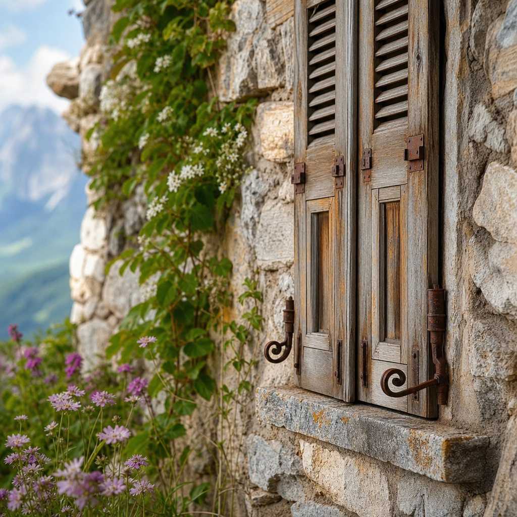 Detail shot of aged stone walls and wooden shutters of a traditional mountain finca