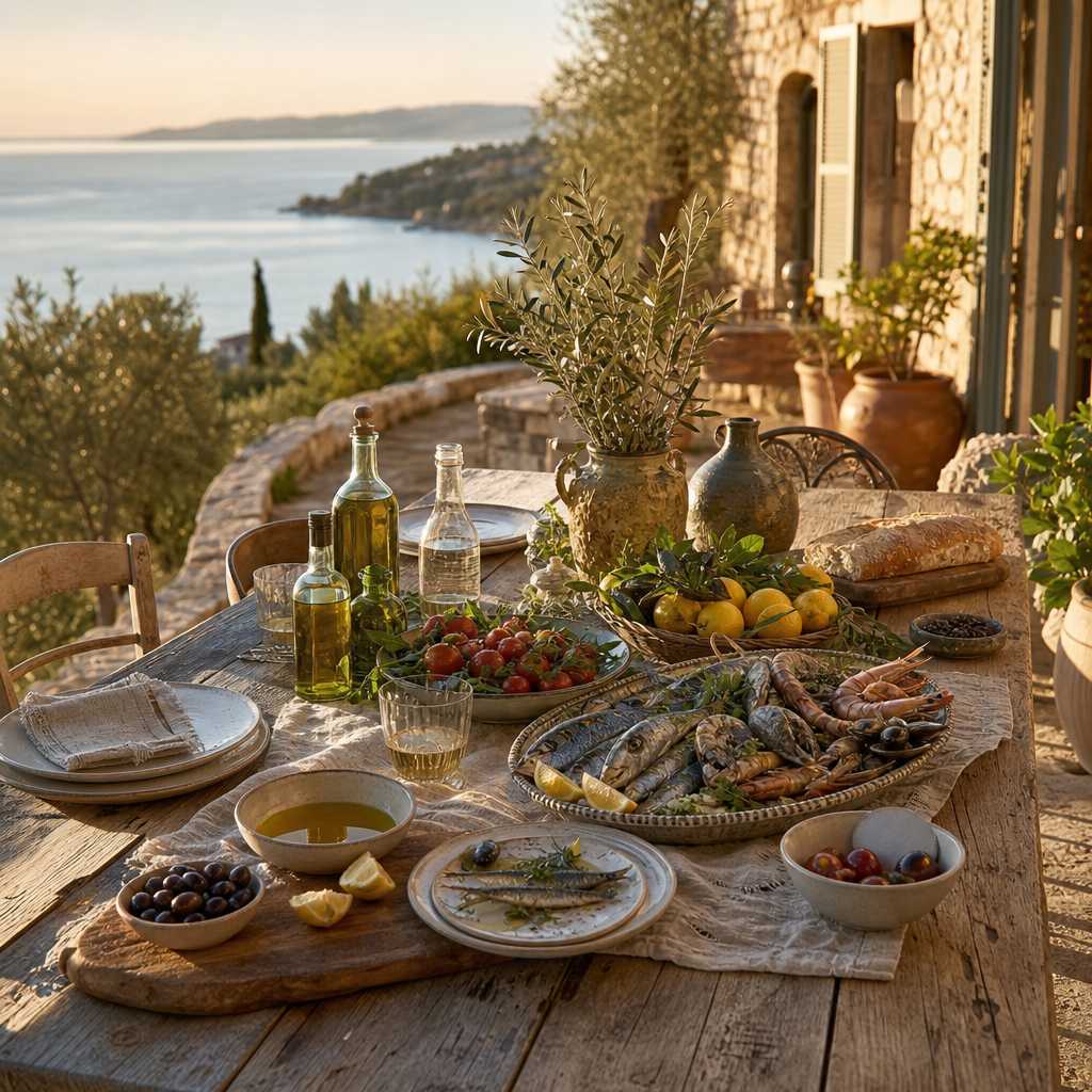 Rustic Mediterranean ingredients and glassware arranged on a terrace overlooking coastal landscape