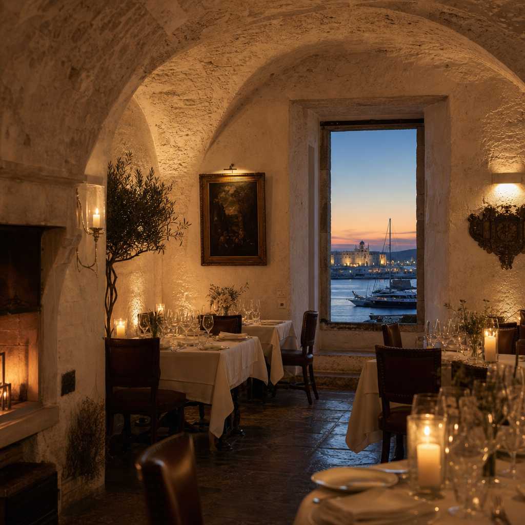 Historic stone restaurant interior with candlelit tables overlooking a Mediterranean harbor