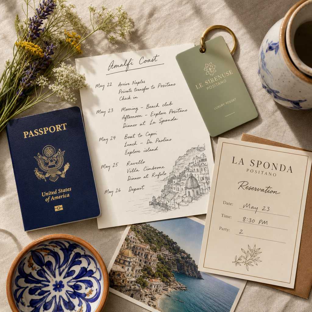 Curated travel planning elements and luxury experiences arranged flat lay